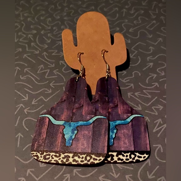 Laser Cut Wooden Longhorn Earrings - Picture 2 of 3